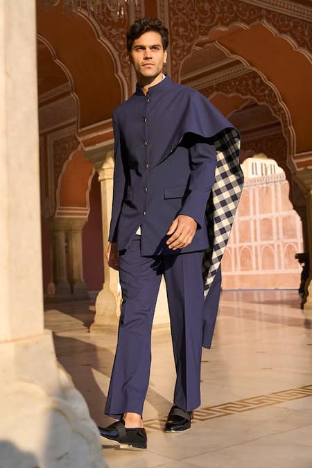 Dash And Dot Blue Viscose, Polyester Navy Bandhgala And Trouser Set Online at Aza Fashions Dash And Dot_Blue Viscose, Polyester Navy Bandhgala And Trouser Set _Online_at_Aza_Fashions