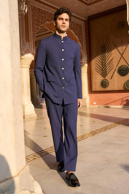 Buy Dash And Dot Blue Viscose, Polyester Navy Bandhgala And Trouser Set Online at Aza Fashions Buy_Dash And Dot_Blue Viscose, Polyester Navy Bandhgala And Trouser Set _Online_at_Aza_Fashions