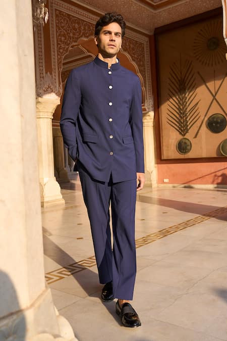Buy Dash And Dot Blue Viscose, Polyester Navy Solid Trouser Online at Aza Fashions Buy_Dash And Dot_Blue Viscose, Polyester Navy Solid Trouser _Online_at_Aza_Fashions
