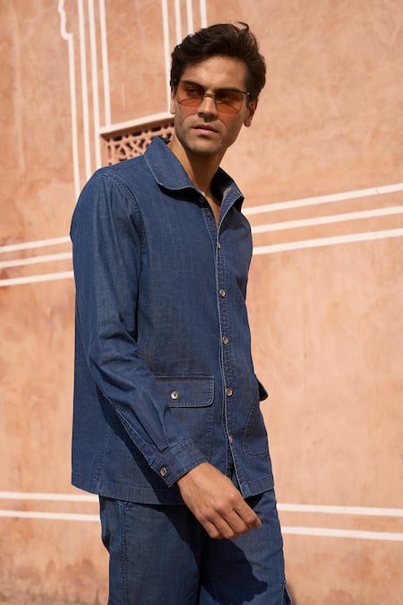 Dash And Dot Blue Cotton Indigo Washed Denim Shirt Online at Aza Fashions Dash And Dot_Blue Cotton Indigo Washed Denim Shirt _Online_at_Aza_Fashions