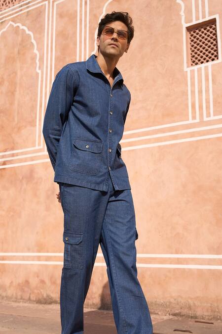 Dash And Dot Blue Cotton Indigo Denim Shirt And Cargo Pant Set Online at Aza Fashions Dash And Dot_Blue Cotton Indigo Denim Shirt And Cargo Pant Set _Online_at_Aza_Fashions