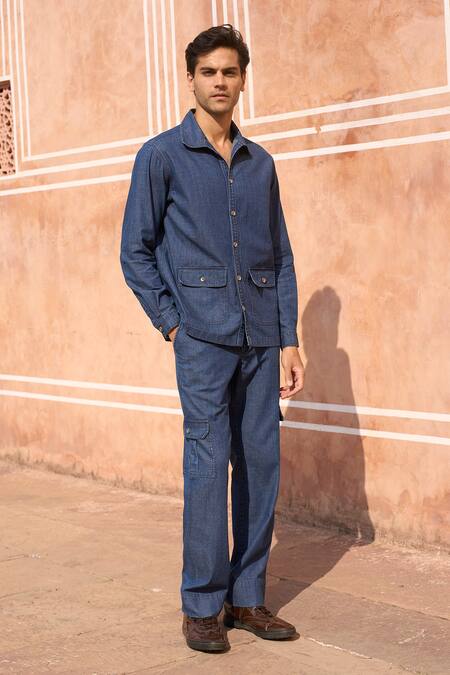 Buy Dash And Dot Blue Cotton Indigo Denim Shirt And Cargo Pant Set Online at Aza Fashions Buy_Dash And Dot_Blue Cotton Indigo Denim Shirt And Cargo Pant Set _Online_at_Aza_Fashions
