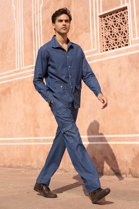 Dash And Dot Indigo Denim Shirt & Cargo Pant Set 