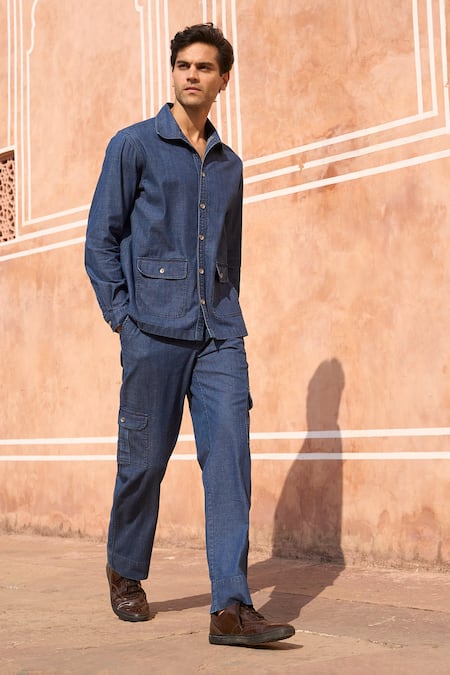 Shop Dash And Dot Blue Cotton Indigo Washed Denim Cargo Pant at Aza Fashions Shop_Dash And Dot_Blue Cotton Indigo Washed Denim Cargo Pant _at_Aza_Fashions