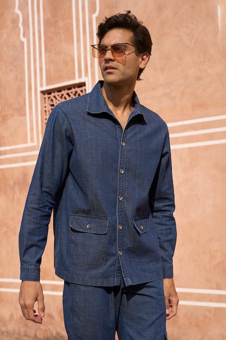 Shop Dash And Dot Blue Cotton Indigo Washed Denim Cargo Pant Online at Aza Fashions Shop_Dash And Dot_Blue Cotton Indigo Washed Denim Cargo Pant _Online_at_Aza_Fashions