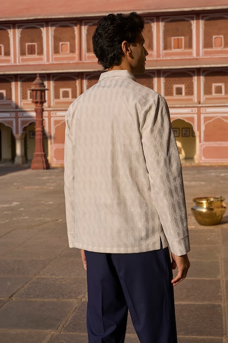 Shop_Dash And Dot_White Polyester, Spandex Geometric Textured Zip Shirt _at_Aza_Fashions