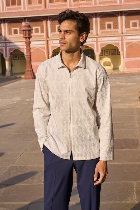 Dash And Dot_White Polyester, Spandex Geometric Textured Zip Shirt _Online_at_Aza_Fashions