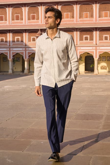 Buy_Dash And Dot_White Polyester, Spandex Geometric Textured Zip Shirt _Online_at_Aza_Fashions