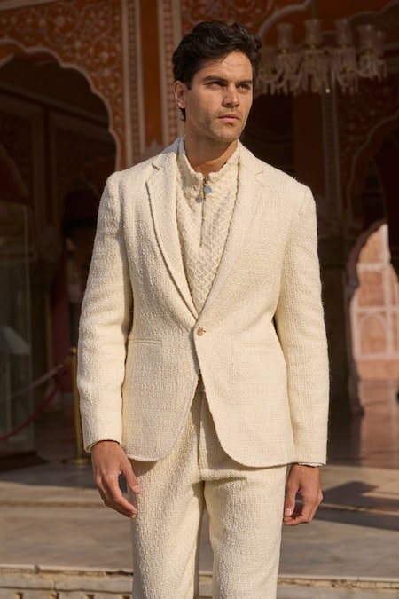 Dash And Dot Ivory Polyester Sequins Boucle Textured Single Breasted Blazer Online at Aza Fashions Dash And Dot_Ivory Polyester Sequins Boucle Textured Single Breasted Blazer _Online_at_Aza_Fashions