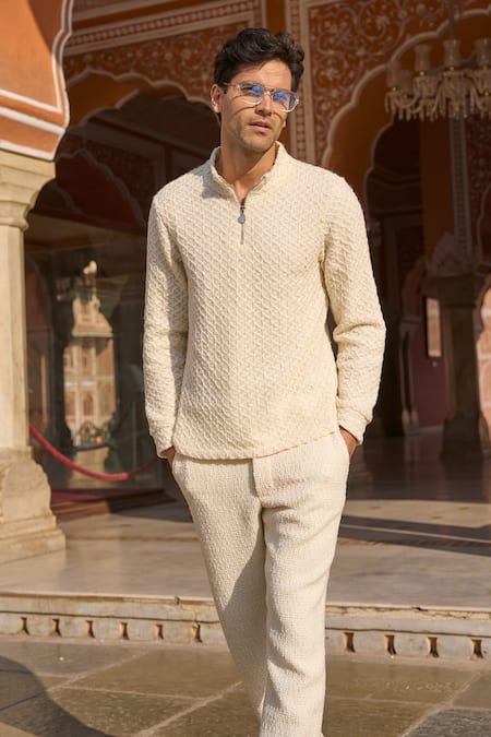Shop_Dash And Dot_Ivory Acrylic, Cotton Textured Knitted Popover T-shirt _at_Aza_Fashions