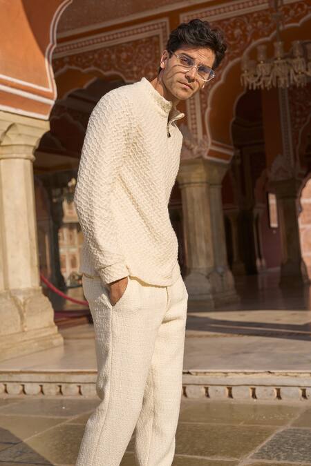 Dash And Dot_Ivory Acrylic, Cotton Textured Knitted Popover T-shirt _at_Aza_Fashions
