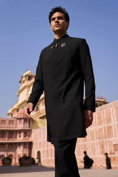 Dash And Dot_Black Viscose, Polyester Longline Toggle Sherwani _Online_at_Aza_Fashions