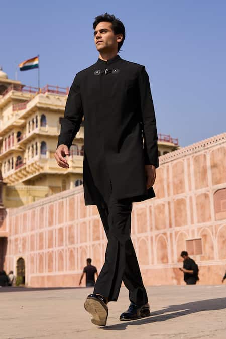 Buy_Dash And Dot_Black Viscose, Polyester Longline Toggle Sherwani _Online_at_Aza_Fashions