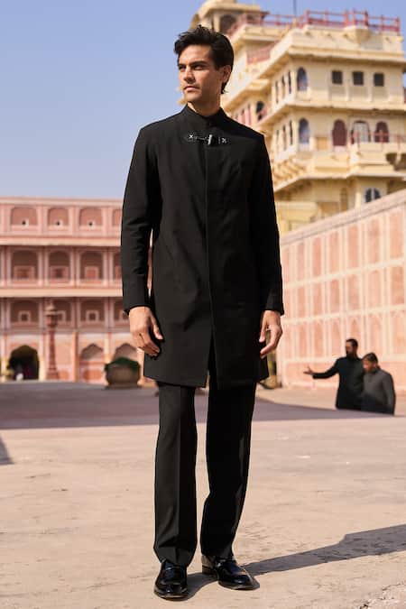 Dash And Dot_Black Viscose, Polyester Longline Toggle Sherwani _at_Aza_Fashions