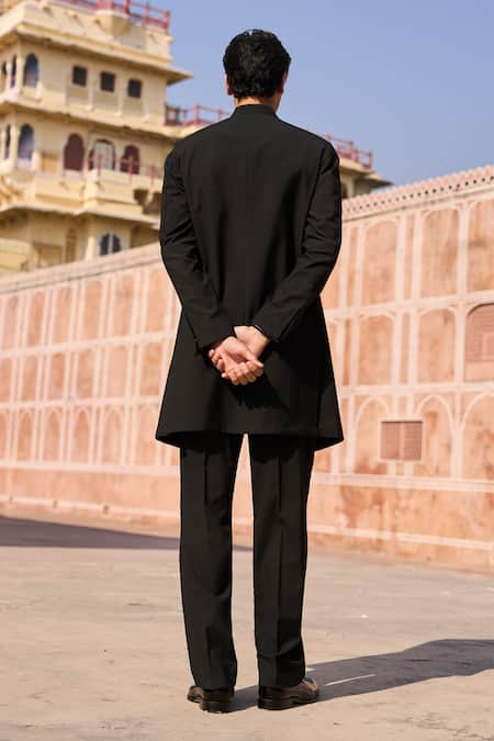 Shop Dash And Dot Black Viscose, Polyester Longline Toggle Sherwani And Trouser at Aza Fashions Shop_Dash And Dot_Black Viscose, Polyester Longline Toggle Sherwani And Trouser _at_Aza_Fashions