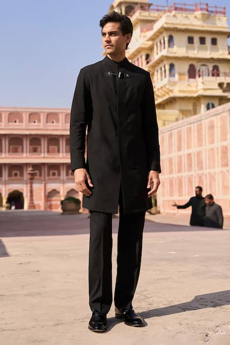 Buy Dash And Dot Black Viscose, Polyester Longline Toggle Sherwani And Trouser Online at Aza Fashions Buy_Dash And Dot_Black Viscose, Polyester Longline Toggle Sherwani And Trouser _Online_at_Aza_Fashions
