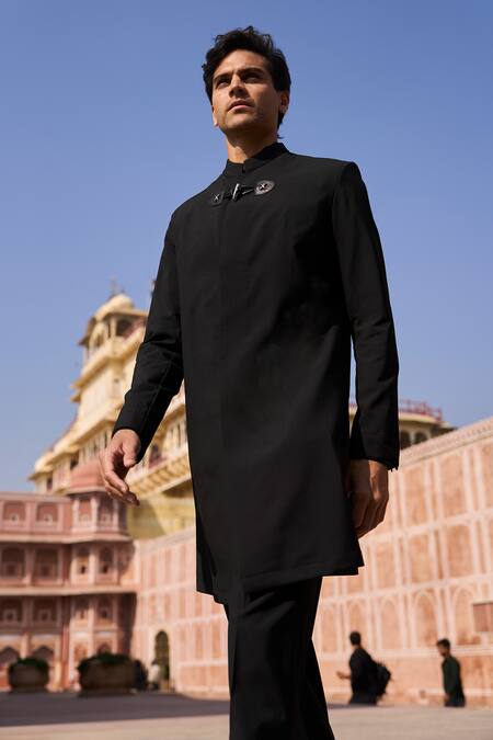 Dash And Dot Black Viscose, Polyester Longline Toggle Sherwani And Trouser at Aza Fashions Dash And Dot_Black Viscose, Polyester Longline Toggle Sherwani And Trouser _at_Aza_Fashions