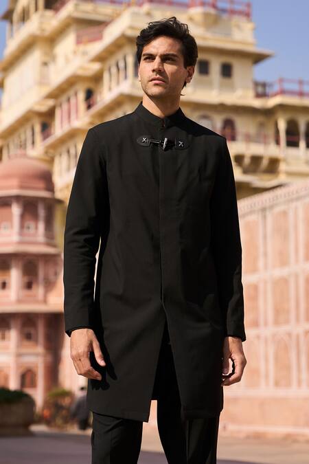 Buy Dash And Dot Black Viscose, Polyester Longline Toggle Sherwani And Trouser Buy_Dash And Dot_Black Viscose, Polyester Longline Toggle Sherwani And Trouser