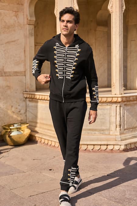 Shop Dash And Dot Black Cotton Brooches Dori Embroidered Hoodie at Aza Fashions Shop_Dash And Dot_Black Cotton Brooches Dori Embroidered Hoodie _at_Aza_Fashions