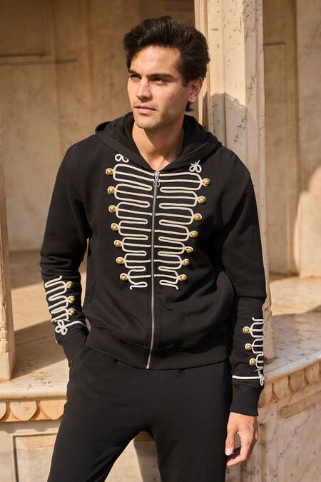 Dash And Dot Black Cotton Brooches Dori Embroidered Hoodie Online at Aza Fashions Dash And Dot_Black Cotton Brooches Dori Embroidered Hoodie _Online_at_Aza_Fashions