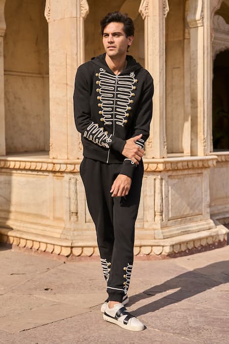 Shop Dash And Dot Black Cotton Brooches Dori Embroidered Hoodie Online at Aza Fashions Shop_Dash And Dot_Black Cotton Brooches Dori Embroidered Hoodie _Online_at_Aza_Fashions