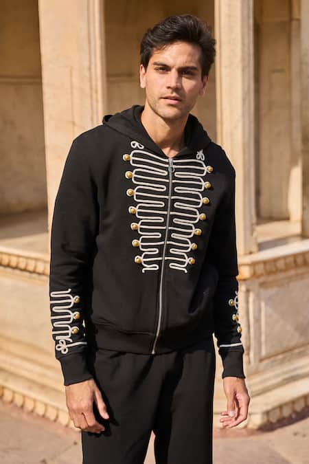 Dash And Dot Black Cotton Brooches Dori Embroidered Hoodie at Aza Fashions Dash And Dot_Black Cotton Brooches Dori Embroidered Hoodie _at_Aza_Fashions