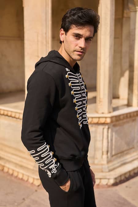 Buy Dash And Dot Black Cotton Brooches Dori Embroidered Hoodie Buy_Dash And Dot_Black Cotton Brooches Dori Embroidered Hoodie