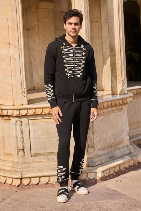 Buy Dash And Dot Black Cotton Diamonds, Metallic Thread Dori Embroidered Hoodie And Jogger Set Online at Aza Fashions Buy_Dash And Dot_Black Cotton Diamonds, Metallic Thread Dori Embroidered Hoodie And Jogger Set _Online_at_Aza_Fashions