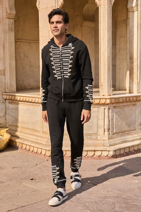 Shop Dash And Dot Black Cotton Diamonds, Metallic Thread Dori Embroidered Hoodie And Jogger Set at Aza Fashions Shop_Dash And Dot_Black Cotton Diamonds, Metallic Thread Dori Embroidered Hoodie And Jogger Set _at_Aza_Fashions