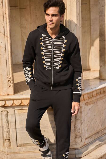 Shop Dash And Dot Black Cotton Diamonds, Metallic Thread Dori Embroidered Hoodie And Jogger Set Online at Aza Fashions Shop_Dash And Dot_Black Cotton Diamonds, Metallic Thread Dori Embroidered Hoodie And Jogger Set _Online_at_Aza_Fashions