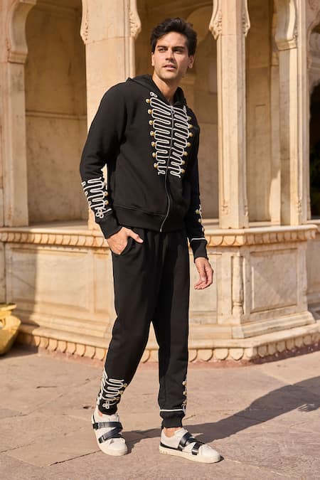 Buy Dash And Dot Black Cotton Diamonds, Metallic Thread Dori Embroidered Hoodie And Jogger Set Buy_Dash And Dot_Black Cotton Diamonds, Metallic Thread Dori Embroidered Hoodie And Jogger Set