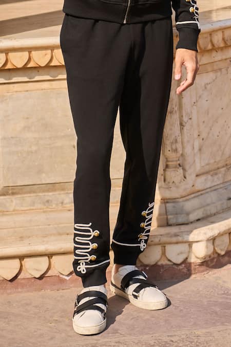 Shop Dash And Dot Black Cotton Diamonds, Metallic Thread Dori Embroidered Hoodie And Jogger Set Shop_Dash And Dot_Black Cotton Diamonds, Metallic Thread Dori Embroidered Hoodie And Jogger Set