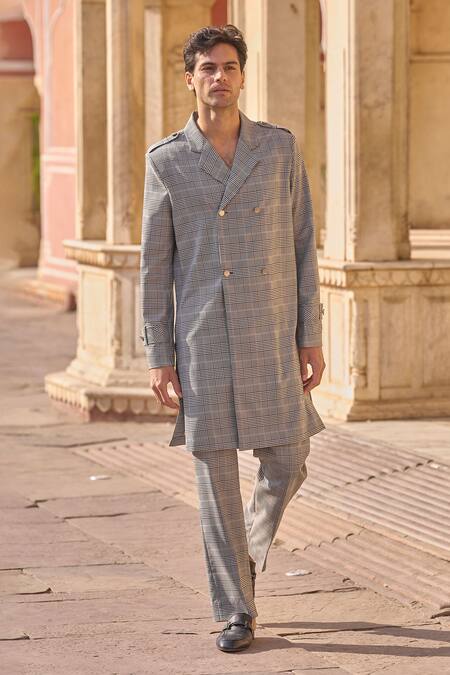 Shop Dash And Dot Gray Viscose, Polyester Grey Houndstooth Check Trench Coat Online at Aza Fashions Shop_Dash And Dot_Gray Viscose, Polyester Grey Houndstooth Check Trench Coat _Online_at_Aza_Fashions