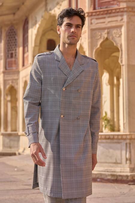 Buy Dash And Dot Gray Viscose, Polyester Grey Houndstooth Check Trench Coat Buy_Dash And Dot_Gray Viscose, Polyester Grey Houndstooth Check Trench Coat