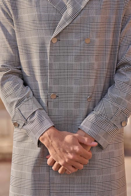 Shop Dash And Dot Gray Viscose, Polyester Grey Houndstooth Check Trench Coat Shop_Dash And Dot_Gray Viscose, Polyester Grey Houndstooth Check Trench Coat