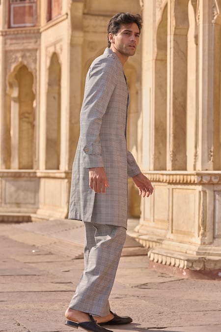 Dash And Dot Gray Viscose, Polyester Grey Houndstooth Check Trench Coat And Trouser Set Online at Aza Fashions Dash And Dot_Gray Viscose, Polyester Grey Houndstooth Check Trench Coat And Trouser Set _Online_at_Aza_Fashions