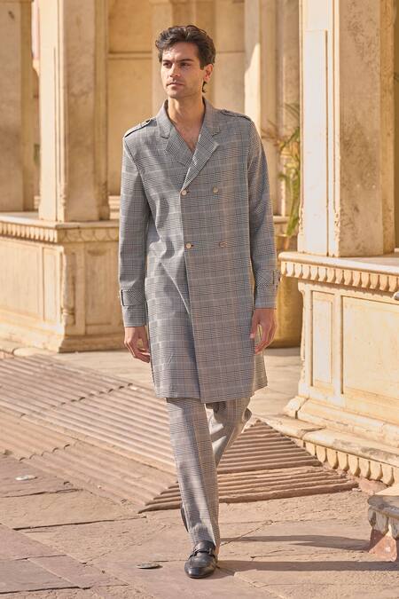 Dash And Dot Gray Viscose, Polyester Grey Houndstooth Check Trench Coat And Trouser Set at Aza Fashions Dash And Dot_Gray Viscose, Polyester Grey Houndstooth Check Trench Coat And Trouser Set _at_Aza_Fashions