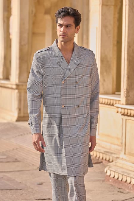 Shop Dash And Dot Gray Viscose, Polyester Grey Houndstooth Check Trench Coat And Trouser Set at Aza Fashions Shop_Dash And Dot_Gray Viscose, Polyester Grey Houndstooth Check Trench Coat And Trouser Set _at_Aza_Fashions