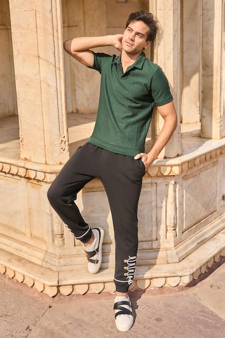 Dash And Dot_Green Cotton, Polyester Jacquard Geometric Knit Polo _Online_at_Aza_Fashions