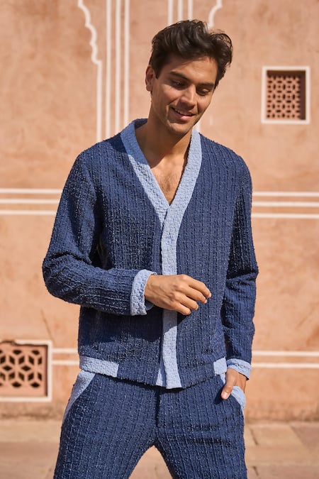 Dash And Dot Blue Polyester, Spandex Textured Knitted Casual Shirt at Aza Fashions Dash And Dot_Blue Polyester, Spandex Textured Knitted Casual Shirt _at_Aza_Fashions