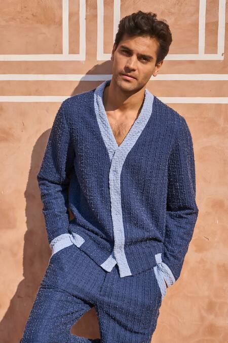 Buy Dash And Dot Blue Polyester, Spandex Textured Knitted Casual Shirt Buy_Dash And Dot_Blue Polyester, Spandex Textured Knitted Casual Shirt