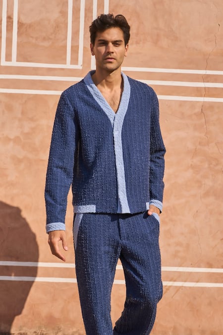 Buy Dash And Dot Blue Polyester, Spandex Boucle Knitted Pant Online at Aza Fashions Buy_Dash And Dot_Blue Polyester, Spandex Boucle Knitted Pant _Online_at_Aza_Fashions