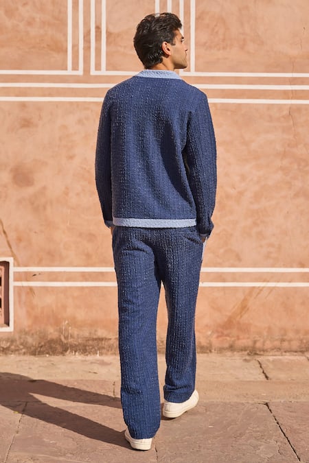 Shop Dash And Dot Blue Polyester, Spandex Boucle Knitted Pant at Aza Fashions Shop_Dash And Dot_Blue Polyester, Spandex Boucle Knitted Pant _at_Aza_Fashions