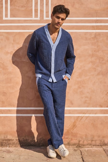 Shop Dash And Dot Blue Polyester, Spandex Boucle Knitted Pant Online at Aza Fashions Shop_Dash And Dot_Blue Polyester, Spandex Boucle Knitted Pant _Online_at_Aza_Fashions