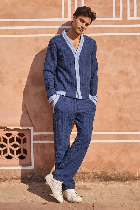 Dash And Dot Blue Polyester, Spandex Boucle Knitted Pant at Aza Fashions Dash And Dot_Blue Polyester, Spandex Boucle Knitted Pant _at_Aza_Fashions