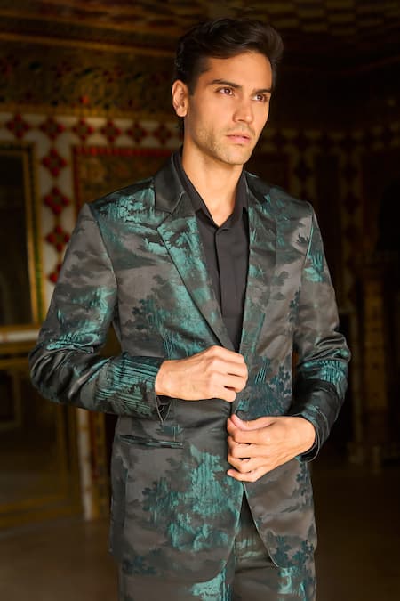 Dash And Dot_Black Polyester Embroidery Abstract Landscape Toile De Jouy Blazer _Online_at_Aza_Fashions