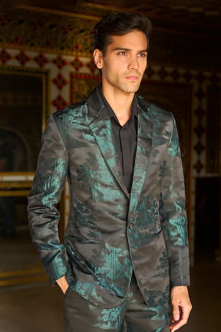 Shop_Dash And Dot_Black Polyester Embroidery Abstract Landscape Toile De Jouy Blazer _Online_at_Aza_Fashions