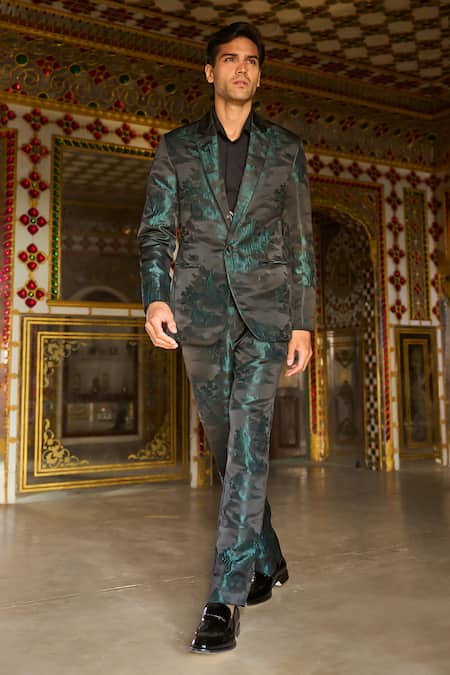 Dash And Dot_Black Polyester Embroidery Abstract Landscape Toile De Jouy Blazer _at_Aza_Fashions