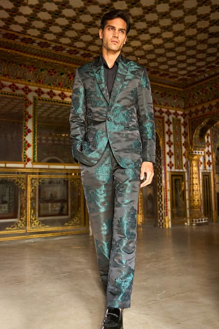 Buy_Dash And Dot_Black Polyester Embroidery Abstract Landscape Toile De Jouy Blazer 