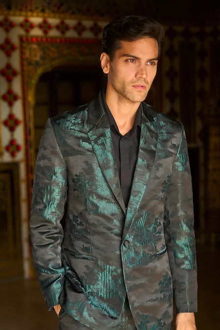 Shop_Dash And Dot_Black Polyester Piping Abstract Landscape Blazer And Pant Set _Online_at_Aza_Fashions